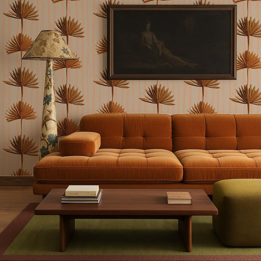 Stripey Palm Wallpaper, neutral peach and mustard