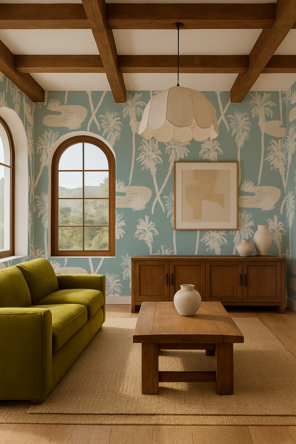 Palm Oasis Wallpaper, blue and white