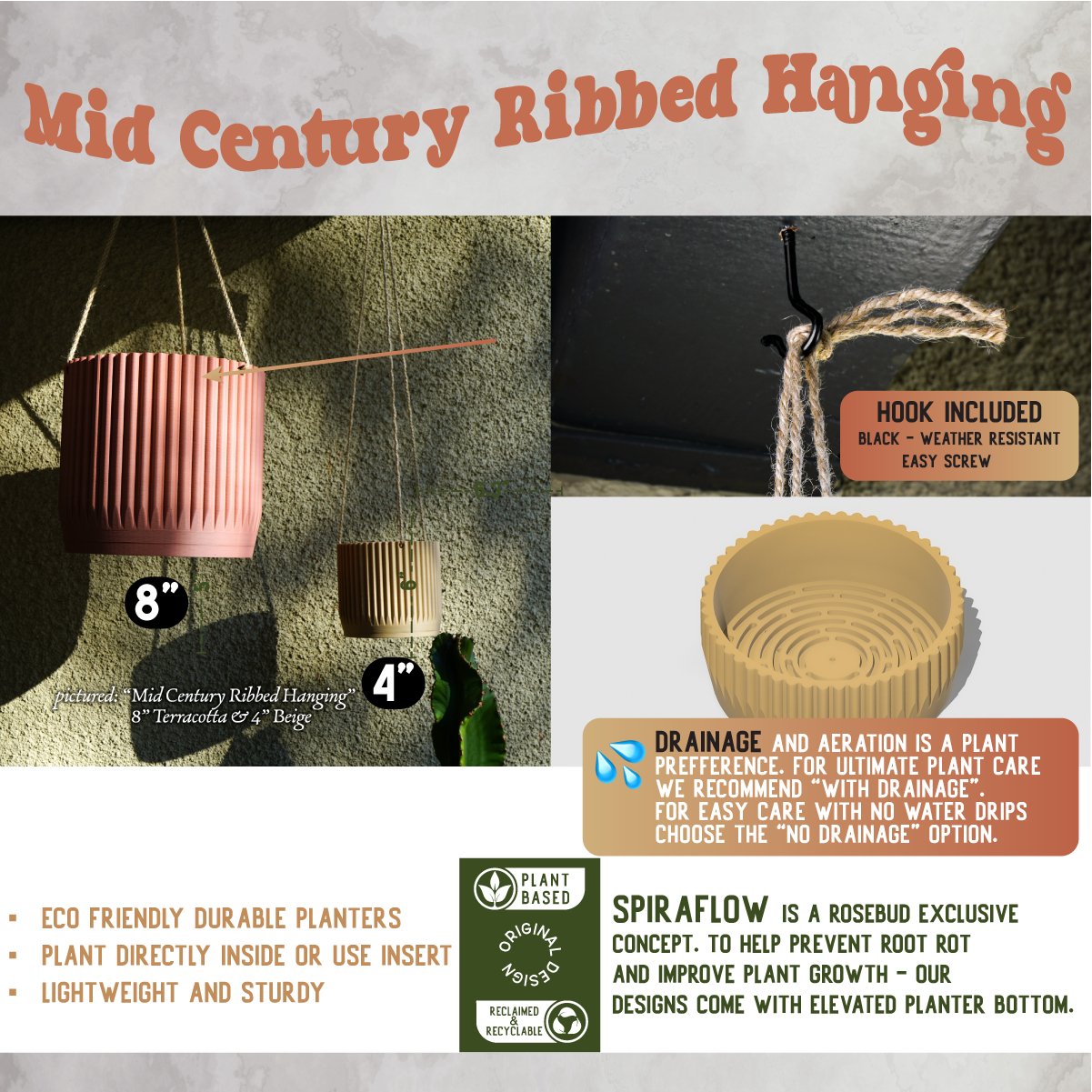 Mid Century Ribbed Hanging Plant Pots