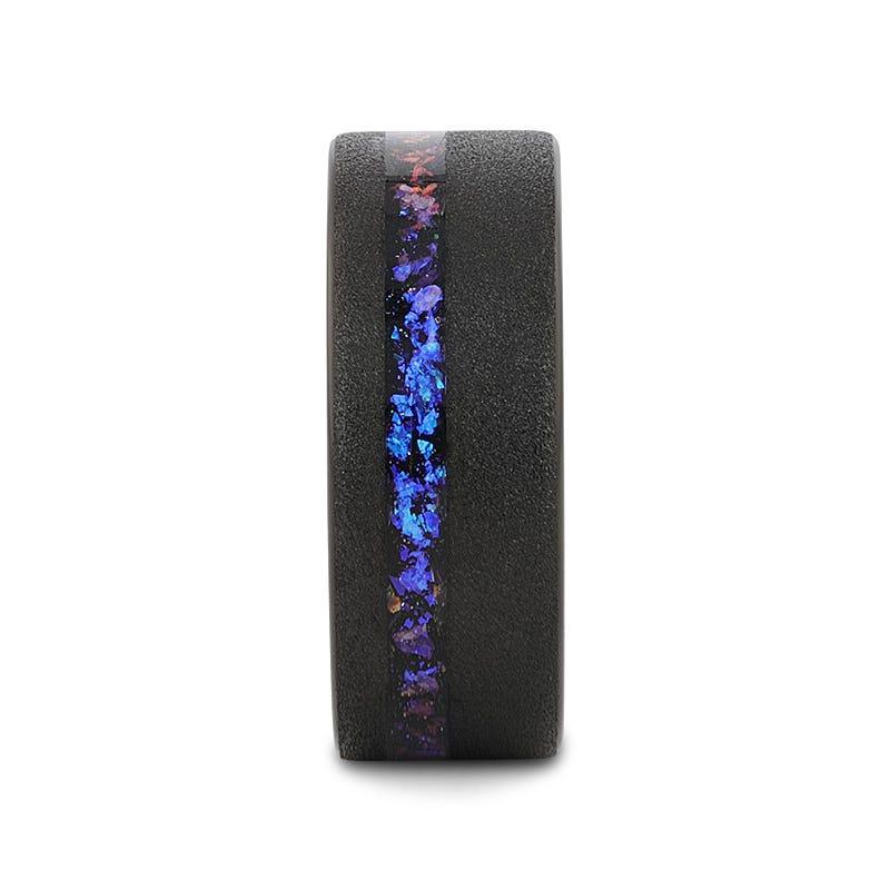 MIRAGE Sandblasted Black Tungsten Ring with Crushed Alexandrite and Dark Blue/Purple Crushed Goldstone – 8mm
