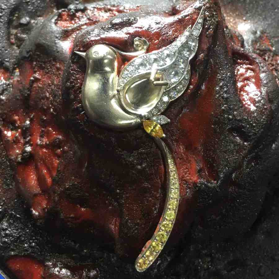 Baby Phoenix - Black Opal, Diamond, Sapphire Pendant Brooch 18K Gold