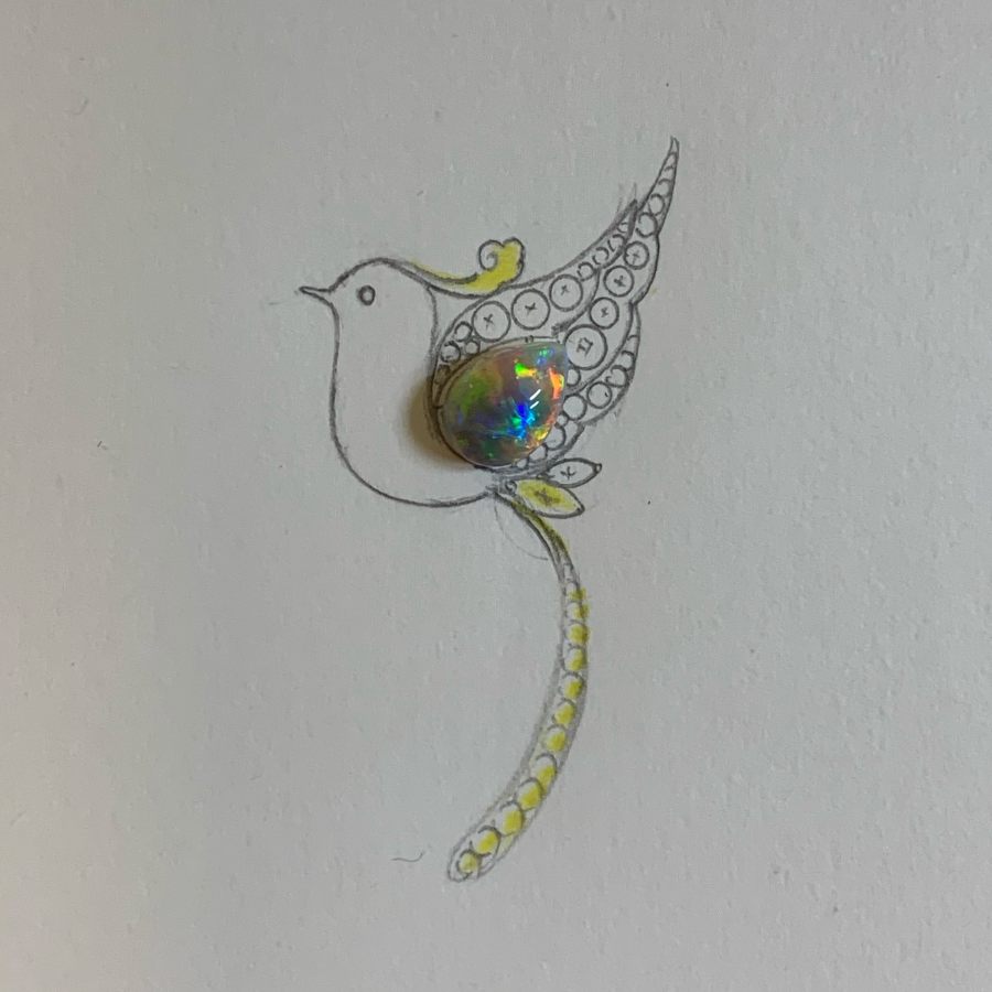 Baby Phoenix - Black Opal, Diamond, Sapphire Pendant Brooch 18K Gold