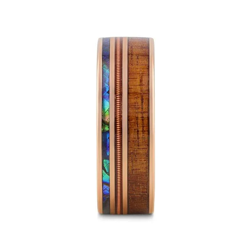 MOANA Smoked Rose Gold Tungsten Ring with Hawaiian Koa Wood, Abalone Shell & Guitar String – 8mm