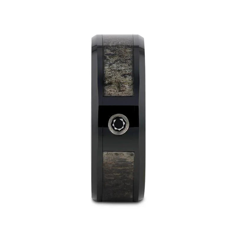 MONTANA Black Ceramic Ring with Ombre Deer Antler Inlay Polished Beveled Edges with Black Diamond - 8mm