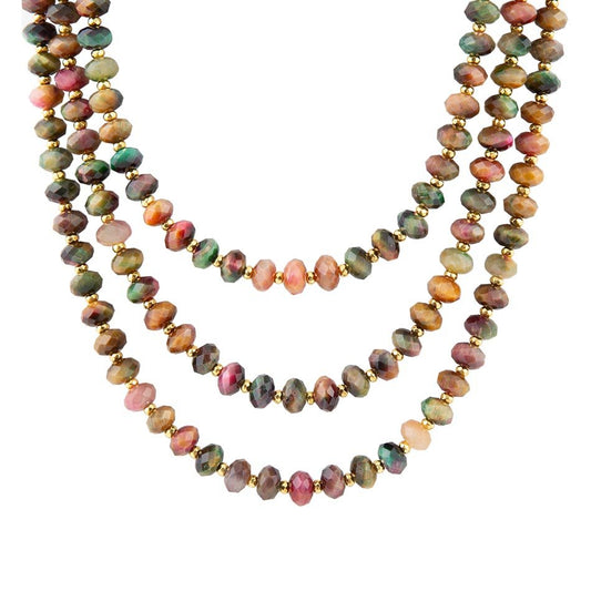 Jeweled Multi-Color Tiger's Eye Triple Strand Golden Necklace