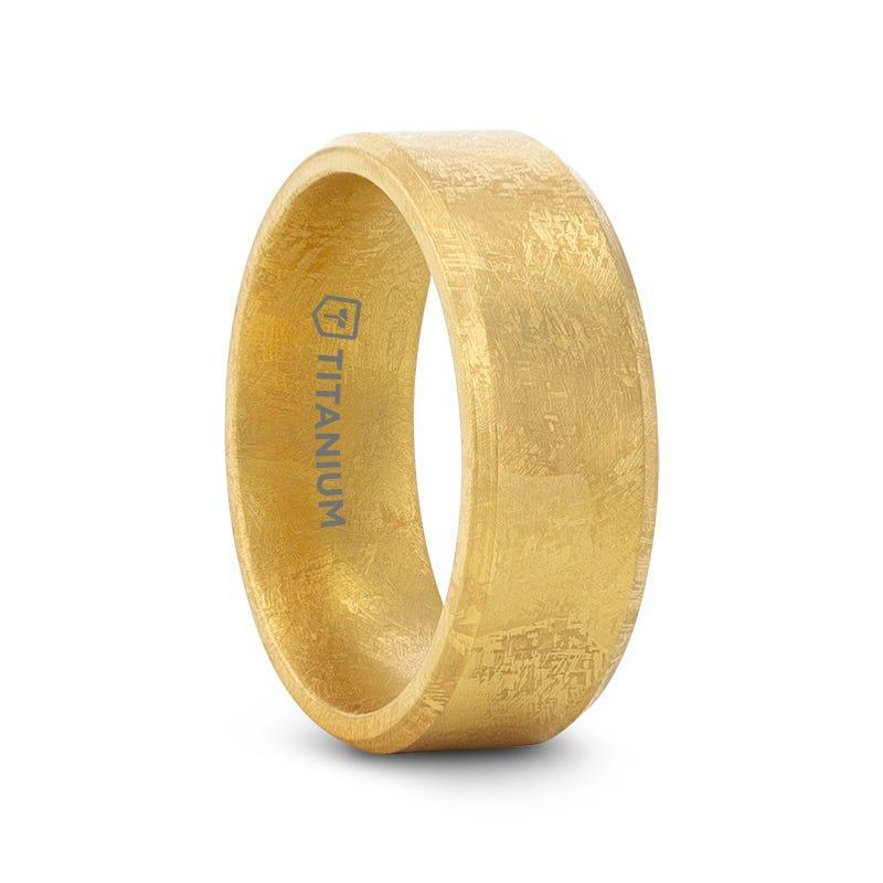 MUSE Flat Gold-Plated Titanium Ring with Beveled Edges and Meteorite Pattern, 8mm