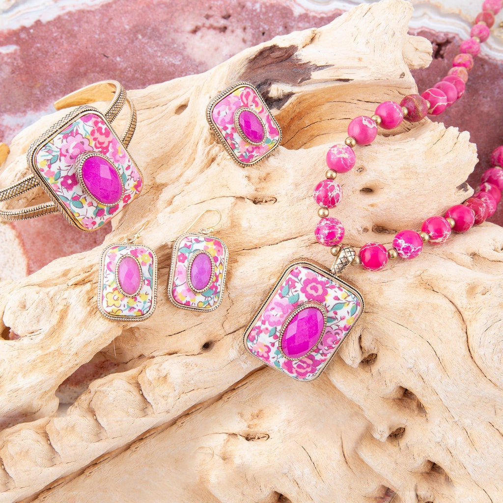 Pink Agate Stacked Stone Floral Pendant Necklace