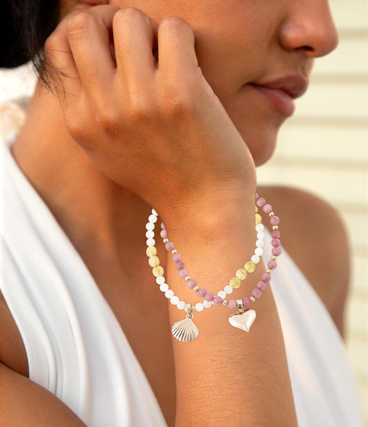 Pink Rhodonite and White Pearl Golden Heart Charm Bracelet Set