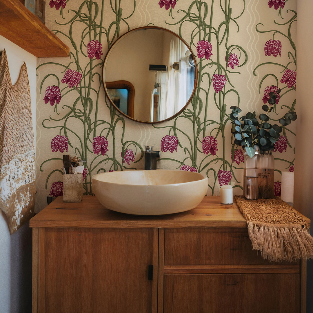 Campanas Wallpaper, tan and magenta