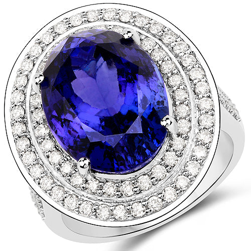 13.78 Carat Genuine Tanzanite and White Diamond 18K White Gold Ring
