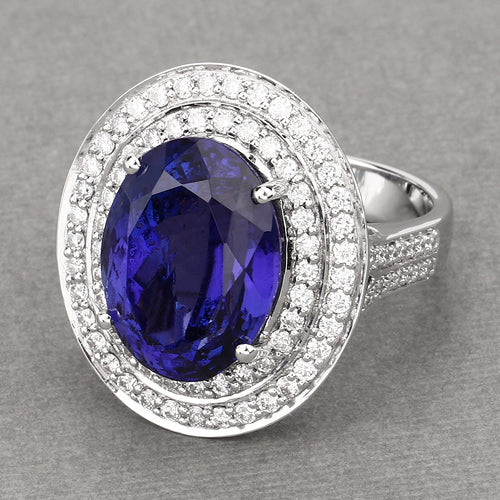 13.78 Carat Genuine Tanzanite and White Diamond 18K White Gold Ring