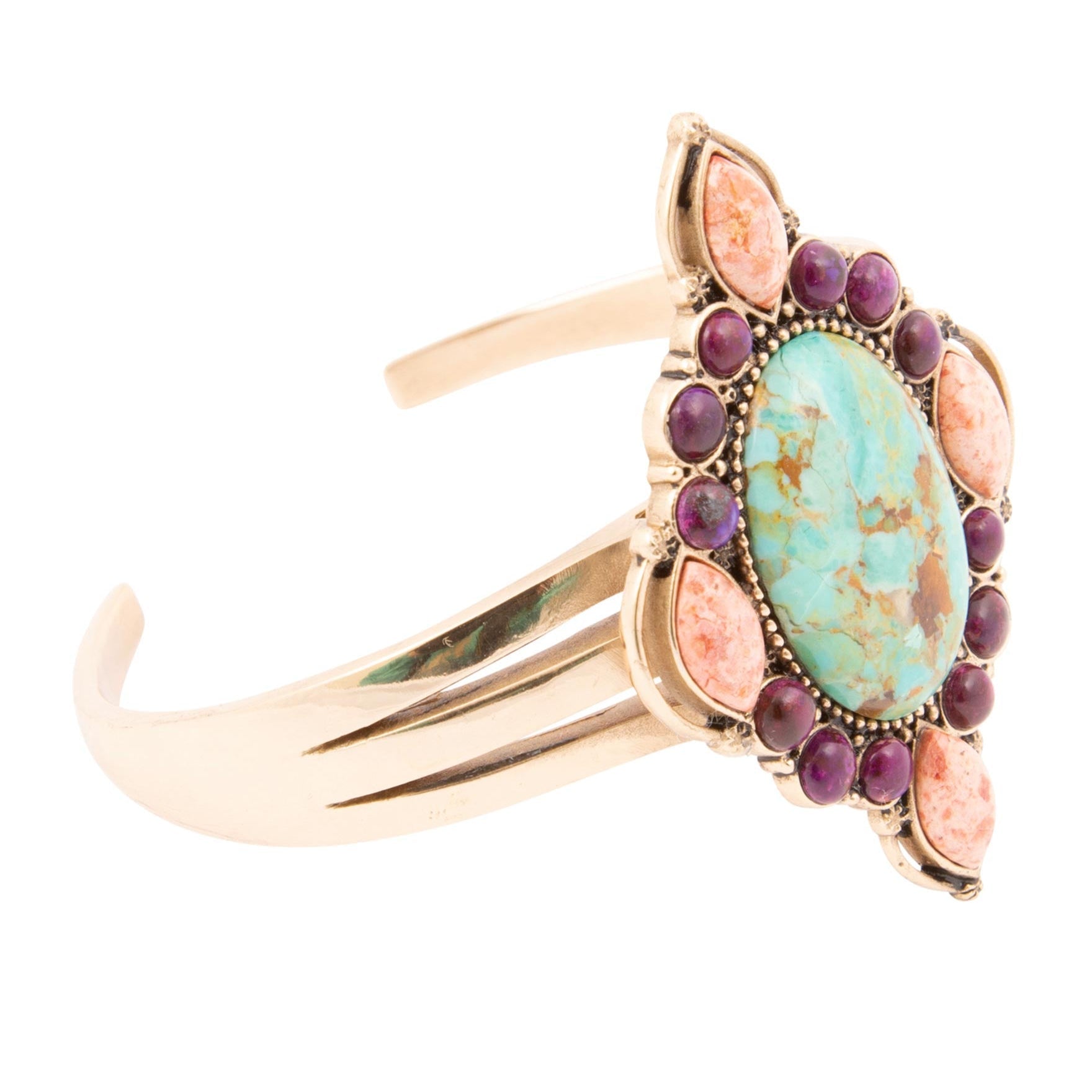 Regalia Blue Turquoise Purple and Orange Coral Golden Cuff Bracelet
