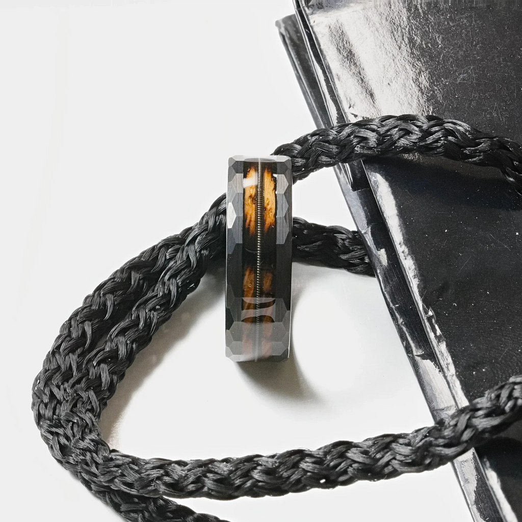 RIFF Black Tungsten Ring with Charred Whiskey Barrel Wood and Guitar String, 8mm