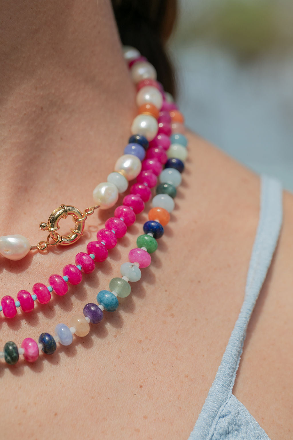 Sale - Chunky Candy Gemstone and Pearl Necklace - Momona