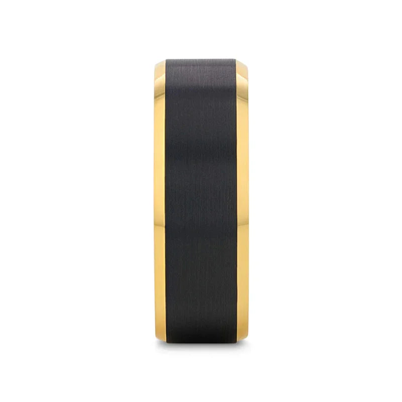 GASTON Gold-Plated Tungsten Beveled Ring with Brushed Black Center – 6mm or 8mm