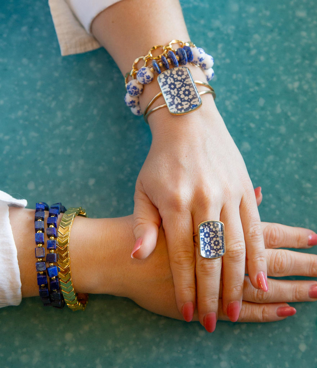 Santorini Cobalt Blue and White Golden Cuff Bracelet