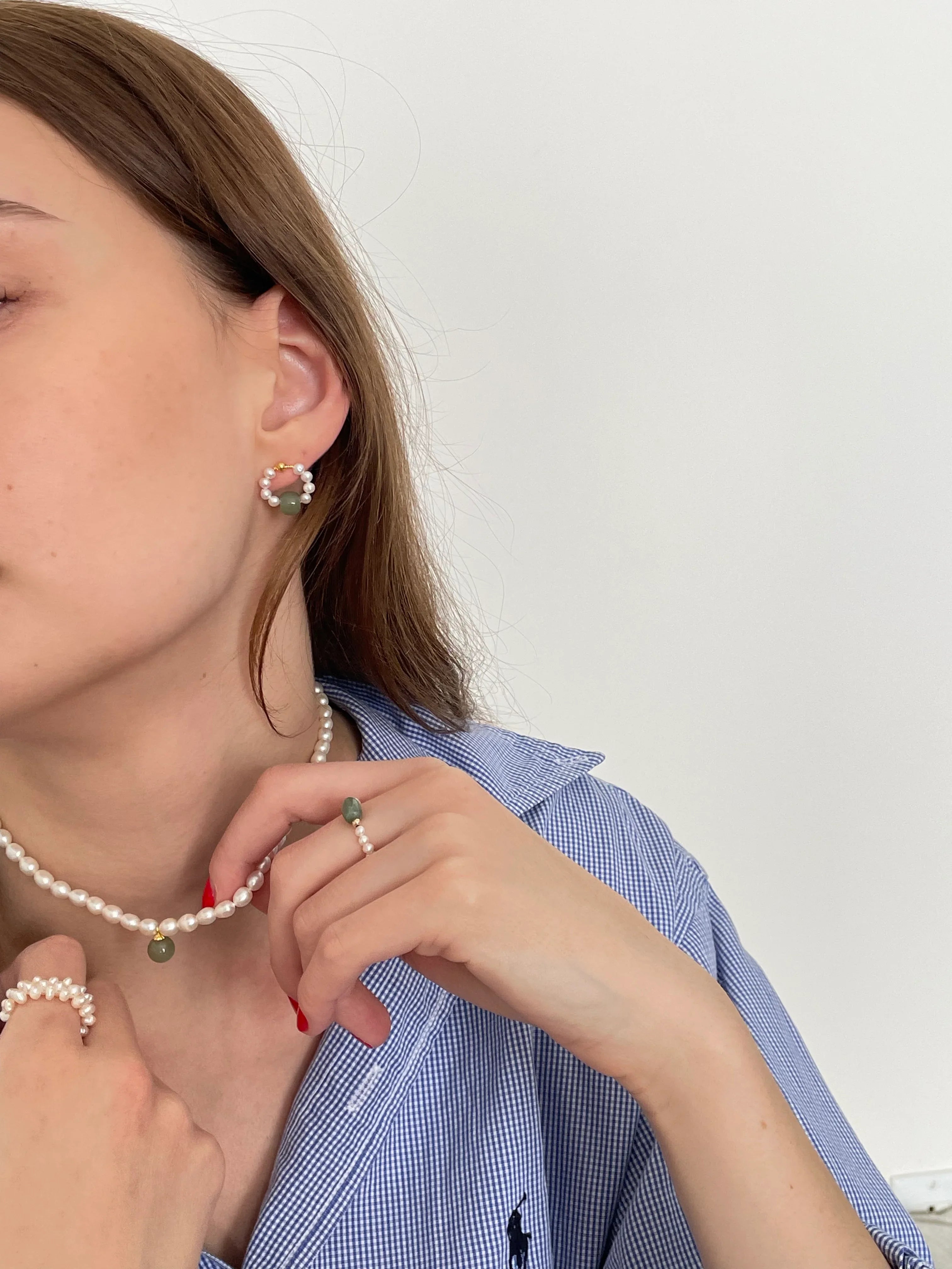 Isa — Beaded Pearl Jade Hoop Earrings