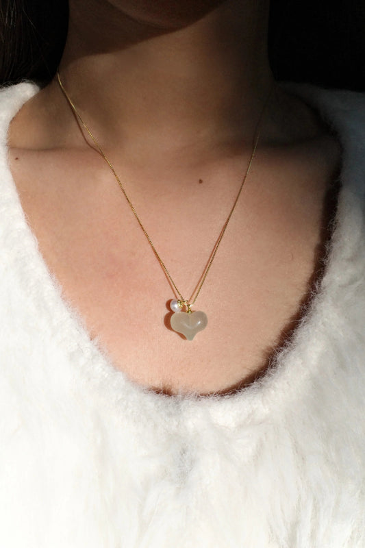 Puffed Heart — Green Jade & Pearl Pendant Necklace