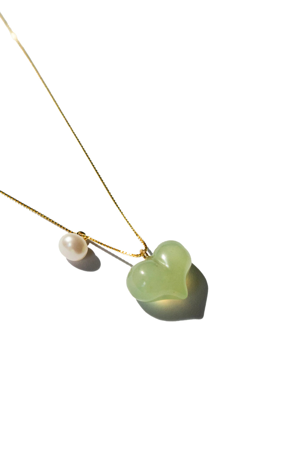 Puffed Heart — Green Jade & Pearl Pendant Necklace