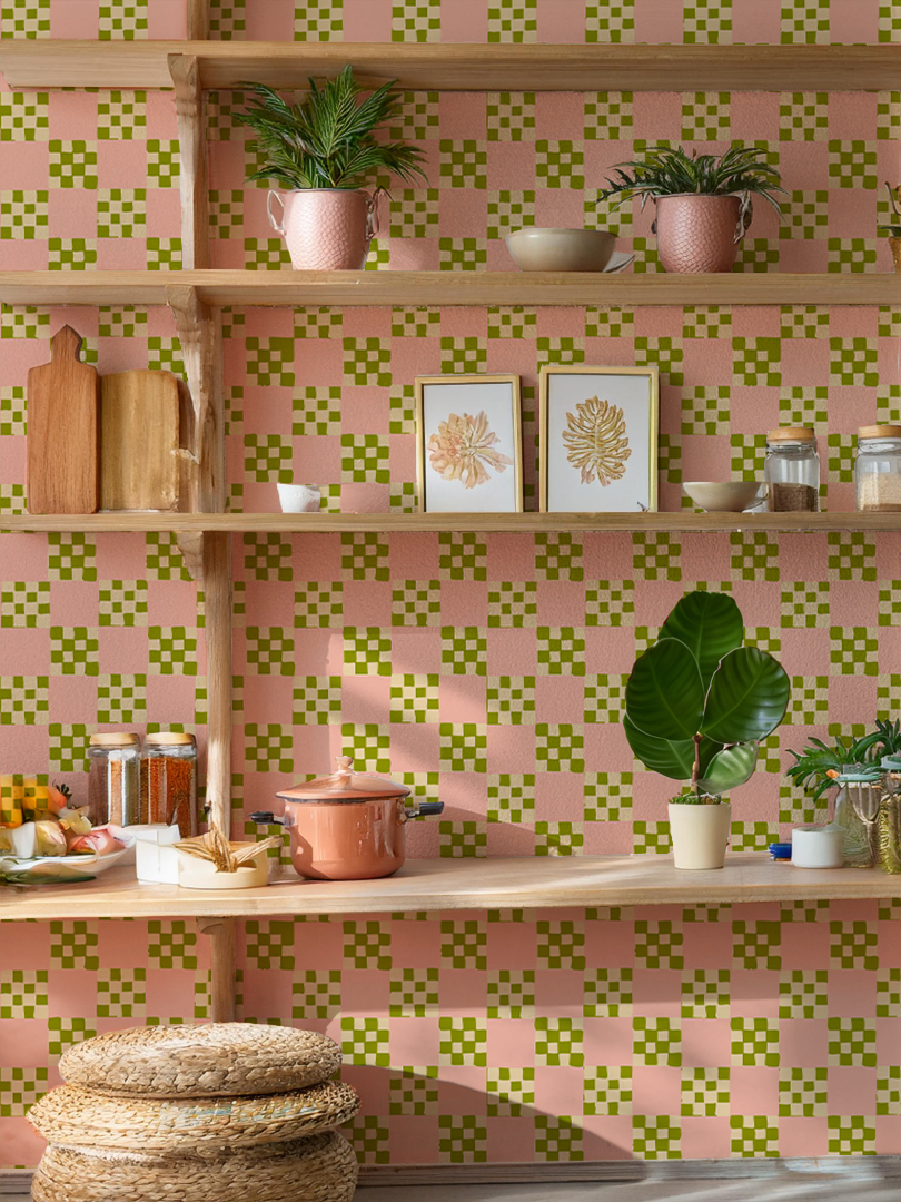 Checkered Quilt Wallpaper, pink, olive green and light beige