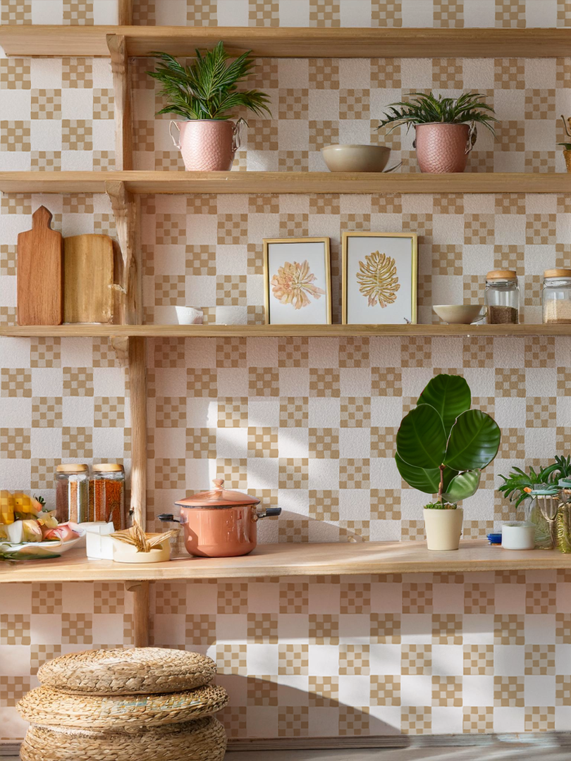 Checkered Quilt Wallpaper, tan and white