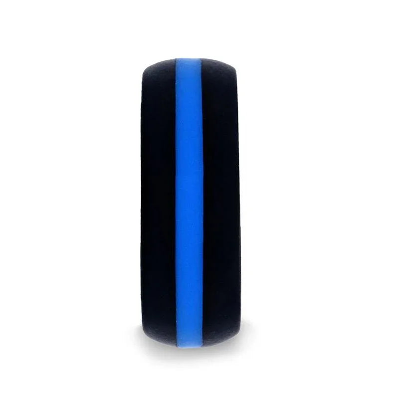 ZOLAN Matte Black Men's Silicone Ring With Vibrant Blue Colored Inlay - 8mm