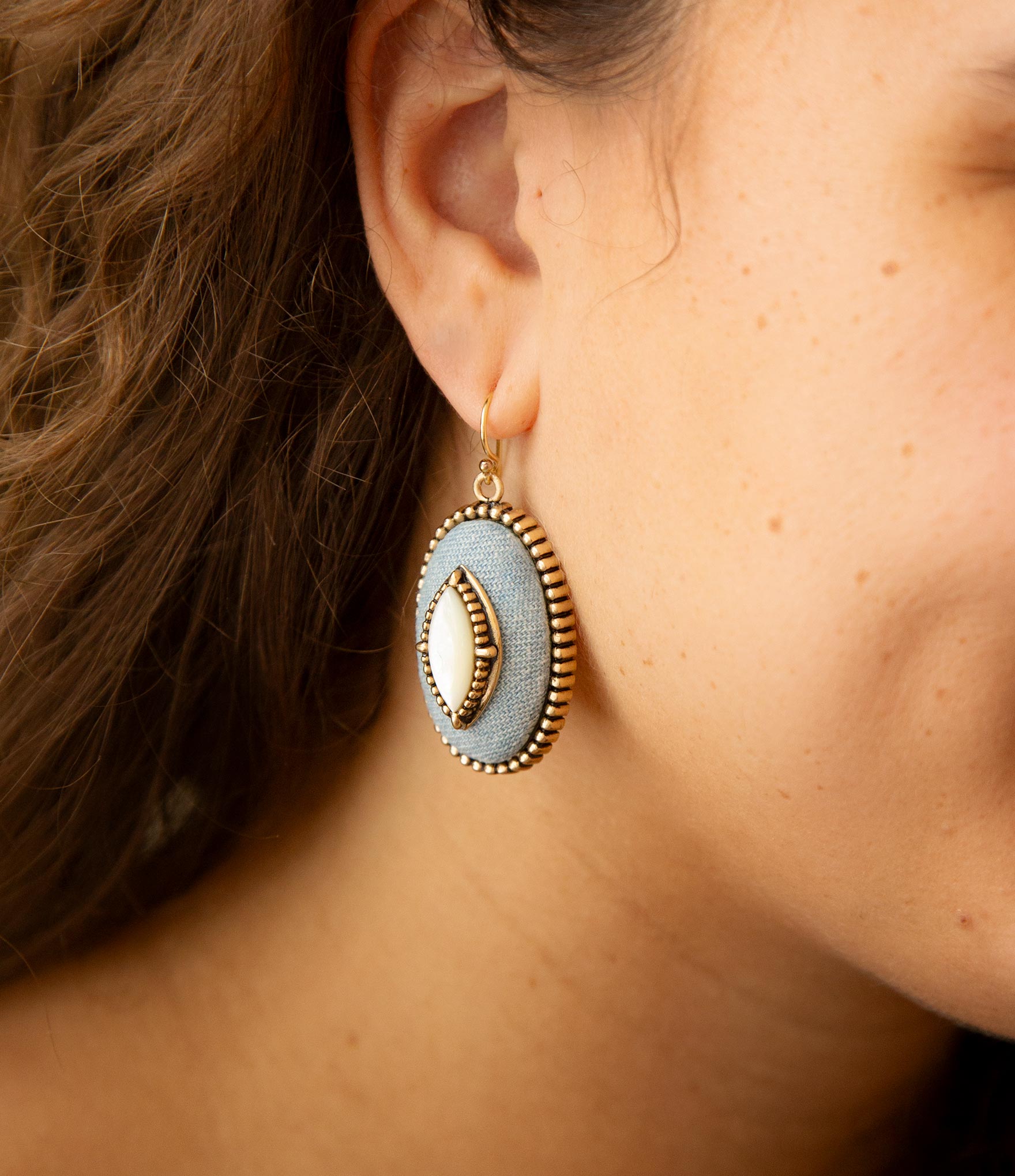 Blue Denim Dreams White Mother of Pearl Golden Drop Earrings