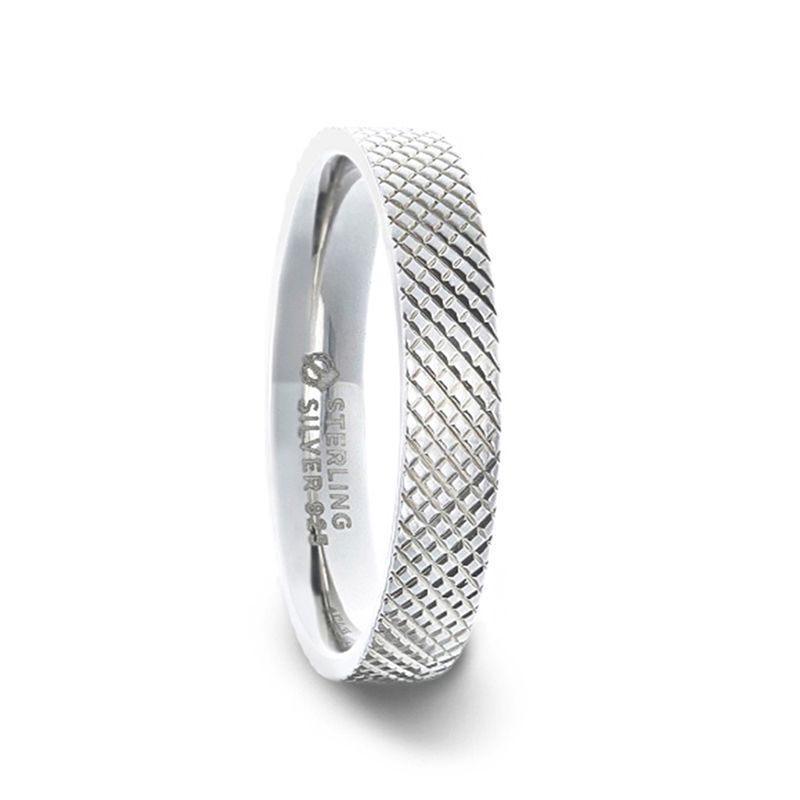 NOBLE Silver Cross-Hatched Finish Flat Style Wedding Band - 4mm & 8mm
