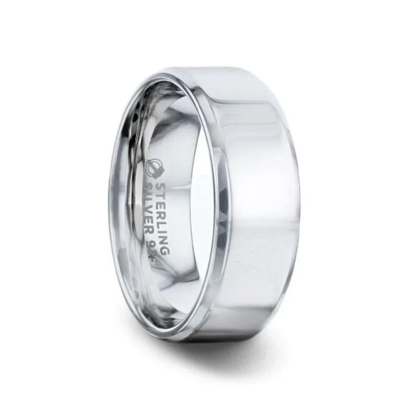 LUCY Sterling Silver Polished Flat-Center Women’s Wedding Band with Beveled Edges - 4mm