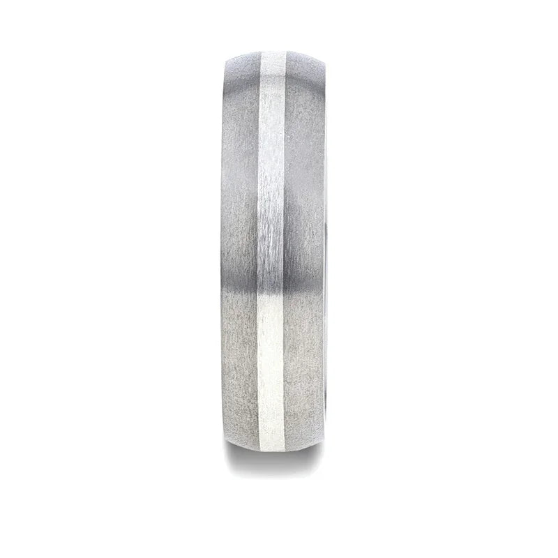 REN Sterling Silver Inlay Titanium Wedding Band with Domed Brushed finished Edges - 6mm & 8mm