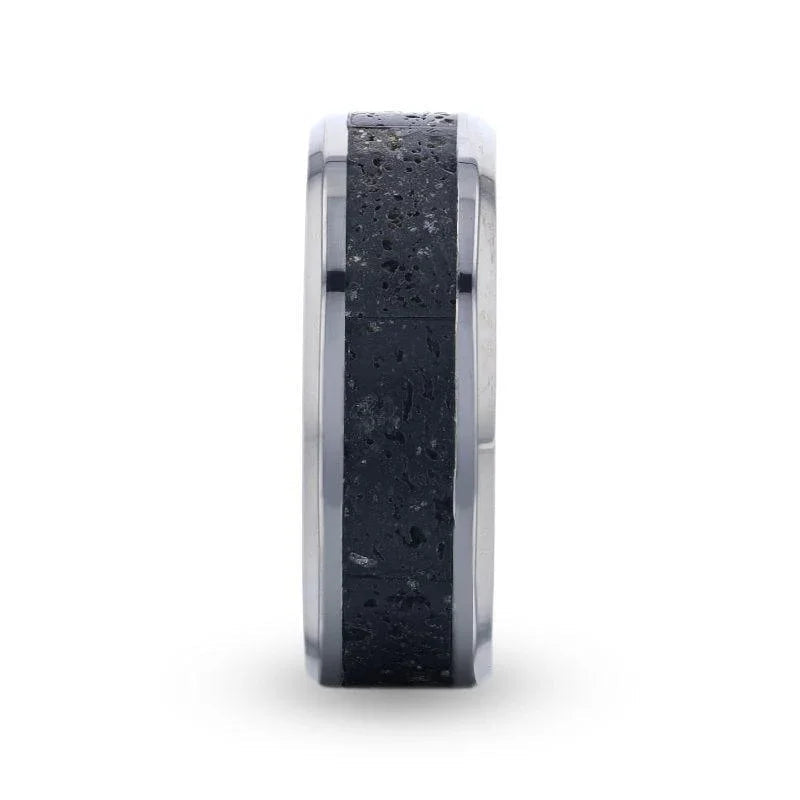 MAUNA Black And Gray Lava Inlaid Titanium Men's Wedding Band With Polished Beveled Edges - 8mm