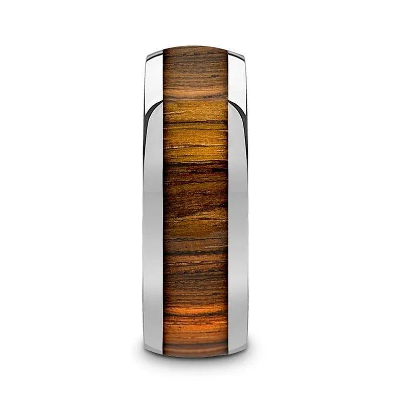 TIGRE Tungsten Carbide Polished Finish Men’s Domed Wedding Band with Zebra Wood Inlay - 8mm