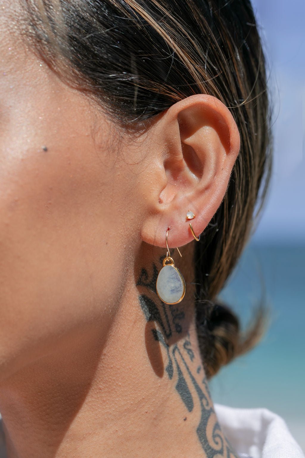 Sale - Tiny Open Rainbow Moonstone Hoop Earrings - Hokulani