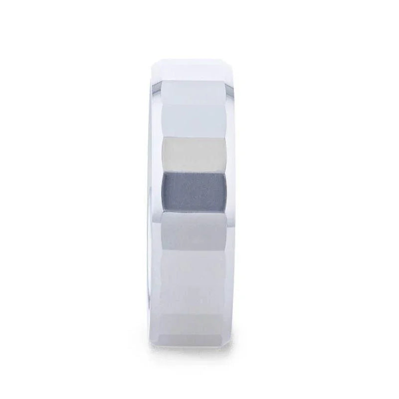 REFLECTOR Faceted Polished Center Tungsten Men's Wedding Band With Polished Beveled Edges - 8mm