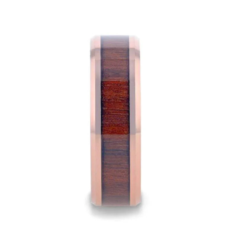 DYLAN Rose Gold Plated Koa Wood Inlaid Tungsten Men's Wedding Band with Beveled Polished Edges - 8mm