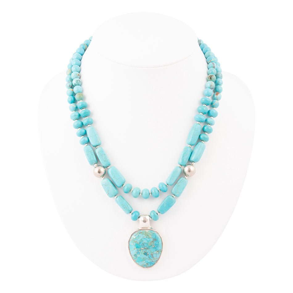 Double Stranded Blue Turquoise Sterling Silver Statement Pendant Necklace