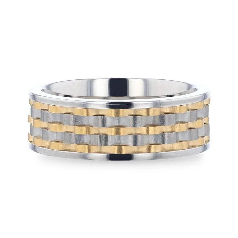 MONTROSE Wavy Gold And Gunmetal Texture Pattern Inlaid Titanium Men's Wedding Band With Flat Polished Profile - 8mm