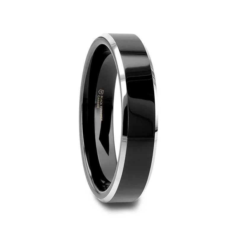 MACLAREN Black Polished Center Tungsten Wedding Band with Polished Gray Beveled Edges, 4mm–8mm