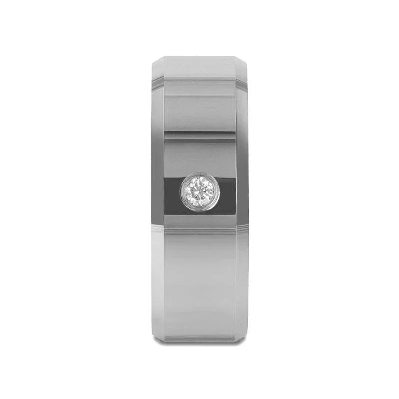 WATERFORD Beveled Diamond Tungsten Wedding Band with Bezel-Set Diamond – 6mm & 8mm