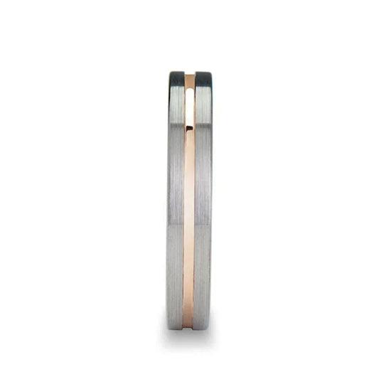 ZENA Flat Brushed Tungsten Ring with Rose Gold Channel — 4mm & 6mm