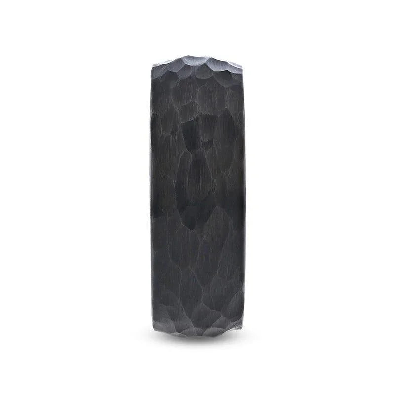RENEGADE Domed Hammered Black Tungsten Carbide Wedding Band, Brushed Finish – 6mm or 8mm