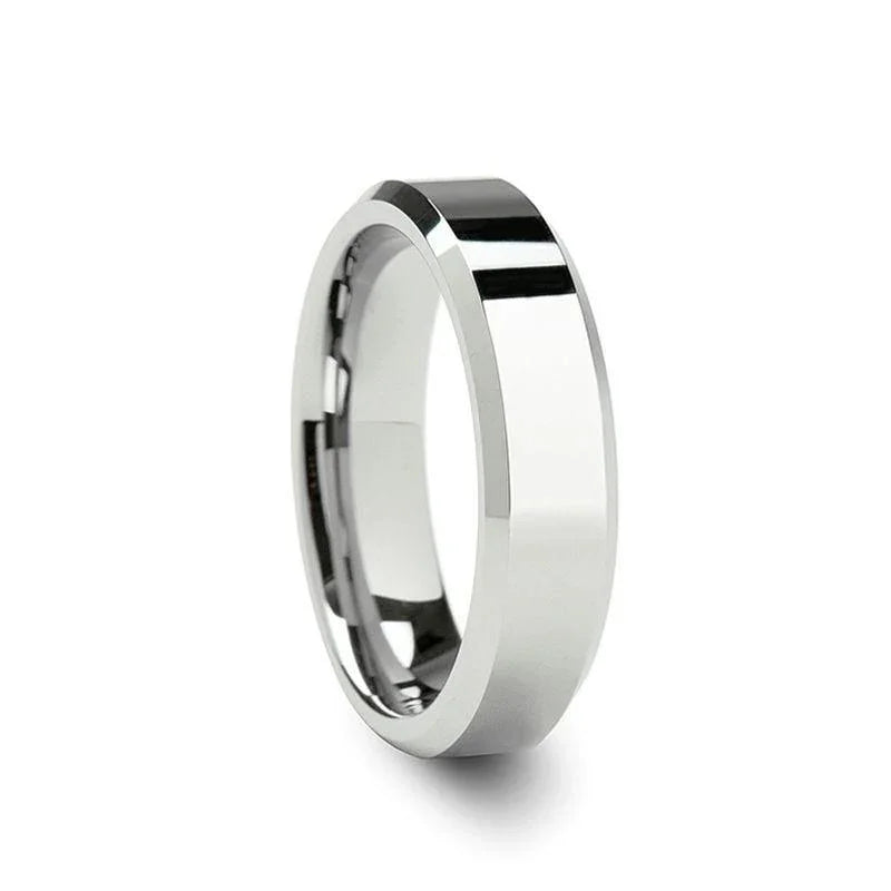 BELLISSIMA Ladies White Tungsten Wedding Band with Beveled Edges — 4mm–6mm