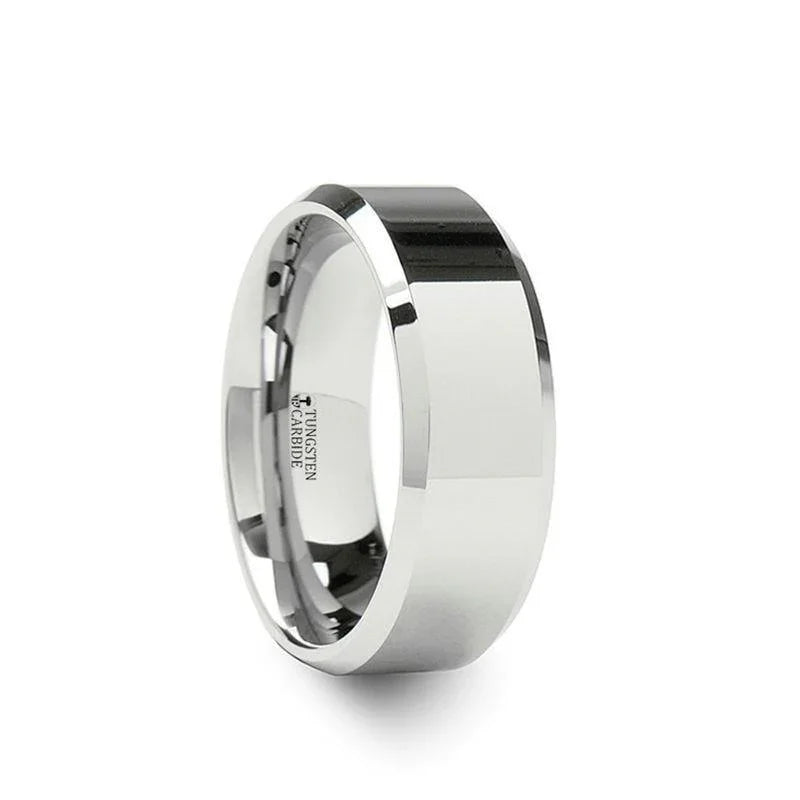 LAWTON White Tungsten Wedding Band with Beveled Edges — 10mm