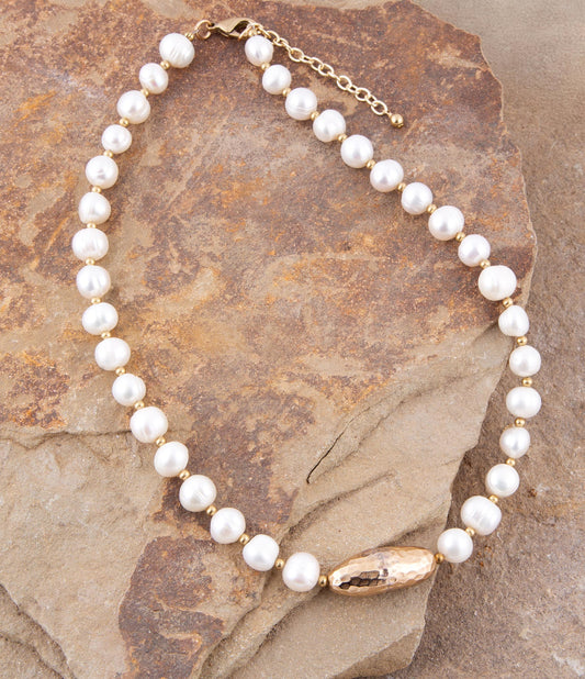 White Pearl Golden Beaded Strand Necklace