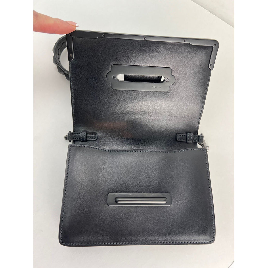 Prada City Calfskin Saffiano Studded Cahier Crossbody Clutch Bag Black